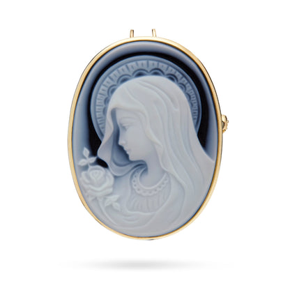 Oval Yellow Gold Brooch and Pendant With Black Agate Cameo Portraying the Virgin Mary With a Rose
