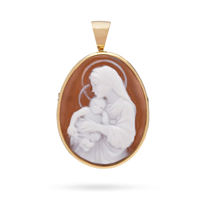 Oval Yellow Gold Brooch and Pendant With Cameo Portraying Virgin Mary With Baby Jesus