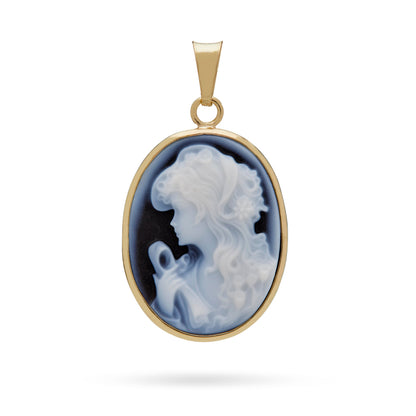 Oval Yellow Gold Pendant With Black Agate Cameo Portraying a Woman