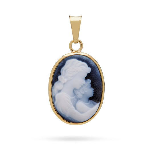 Oval Yellow Gold Pendant With Black Agate Cameo Portraying Mother Mary With Baby Jesus