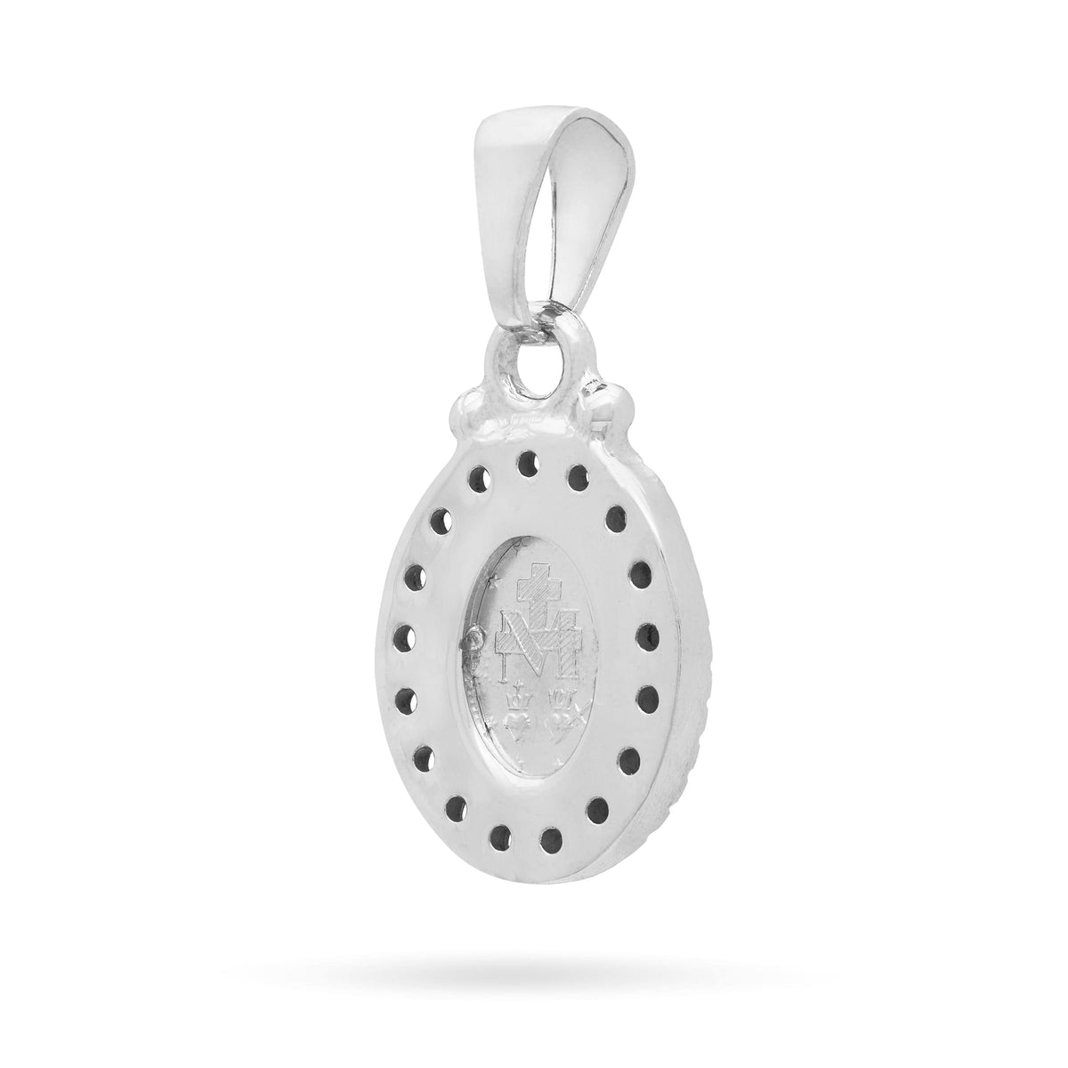 White Gold Miraculous Medal with Large Cubic Zirconia and Smooth Bail