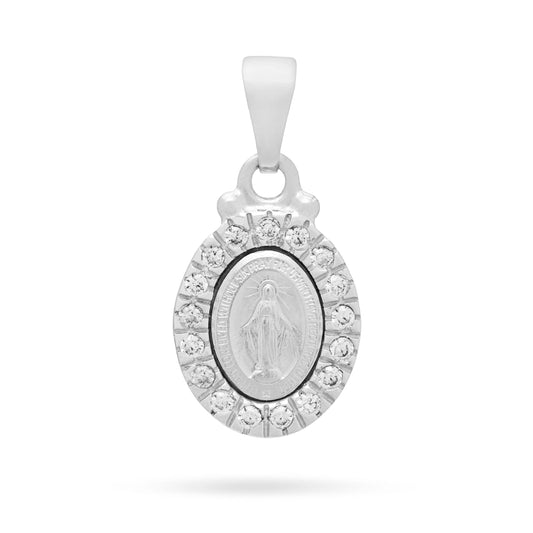 White Gold Miraculous Medal with Large Cubic Zirconia and Smooth Bail