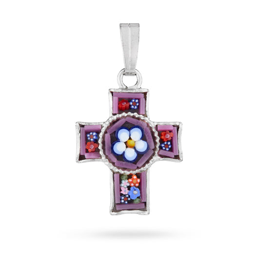 Pewter Micromosaic Cross with Central Flower