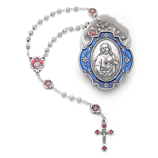 Blue Enameled Sacred Heart of Jesus Rosary Case With Rose-shaped Beads Rosary