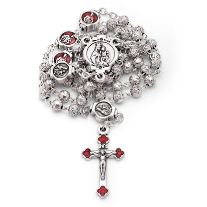 Blue Enameled Sacred Heart of Jesus Rosary Case With Rose-shaped Beads Rosary