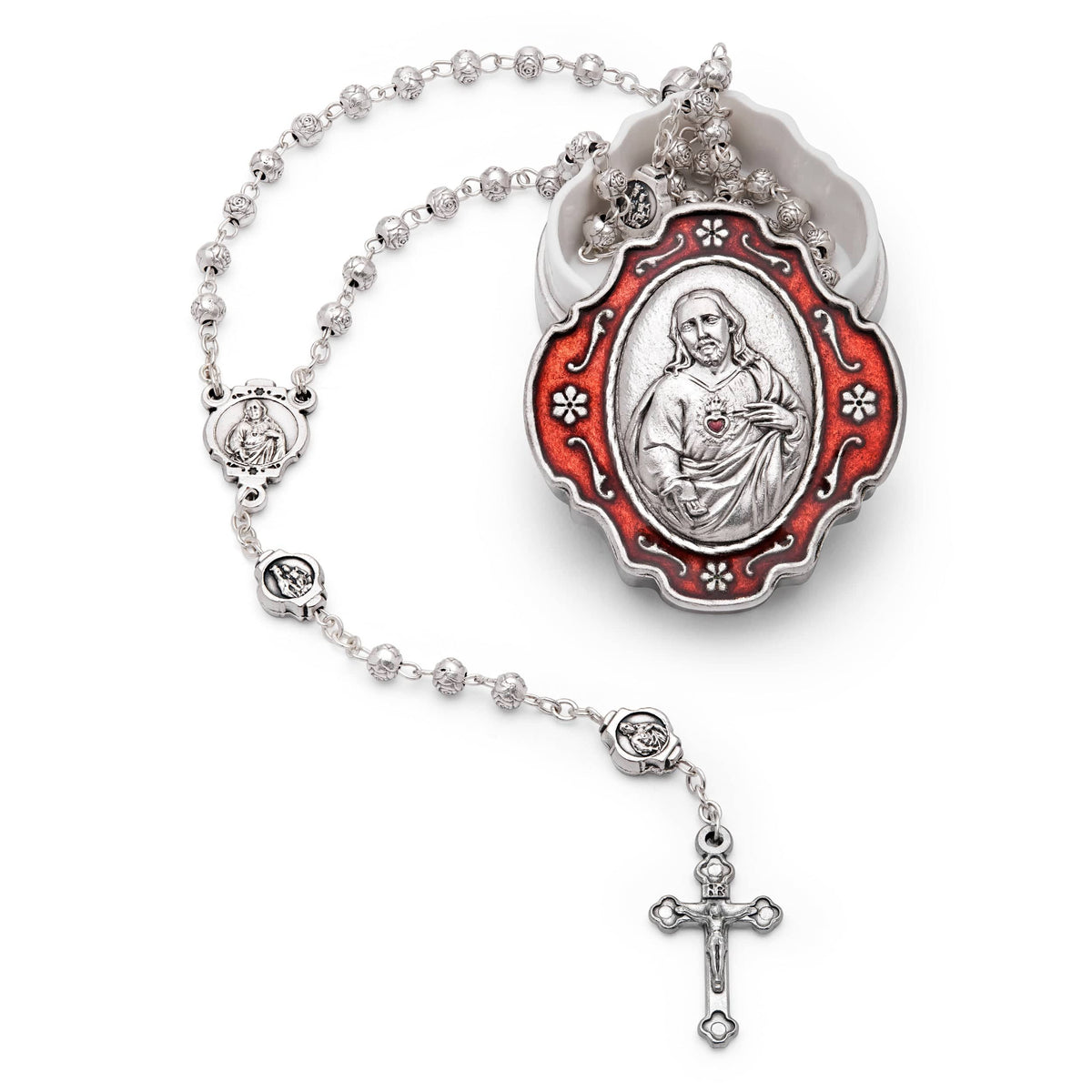 Red Enameled Sacred Heart of Jesus Rosary Case With Rose-shaped Beads Rosary