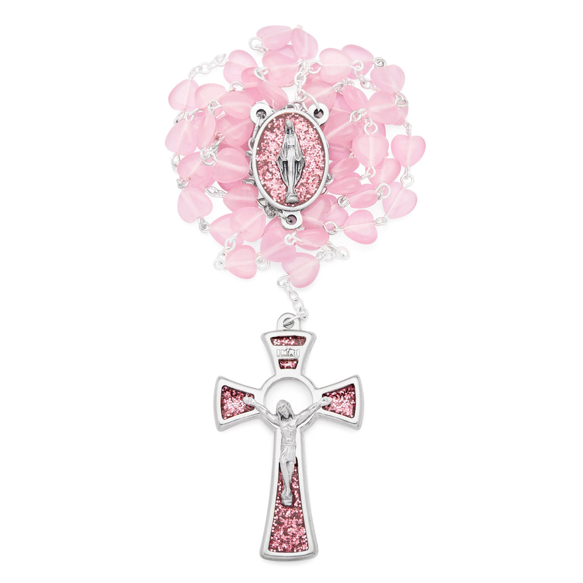 Pink Rosary with Heart-Shaped Cat Eye Beads