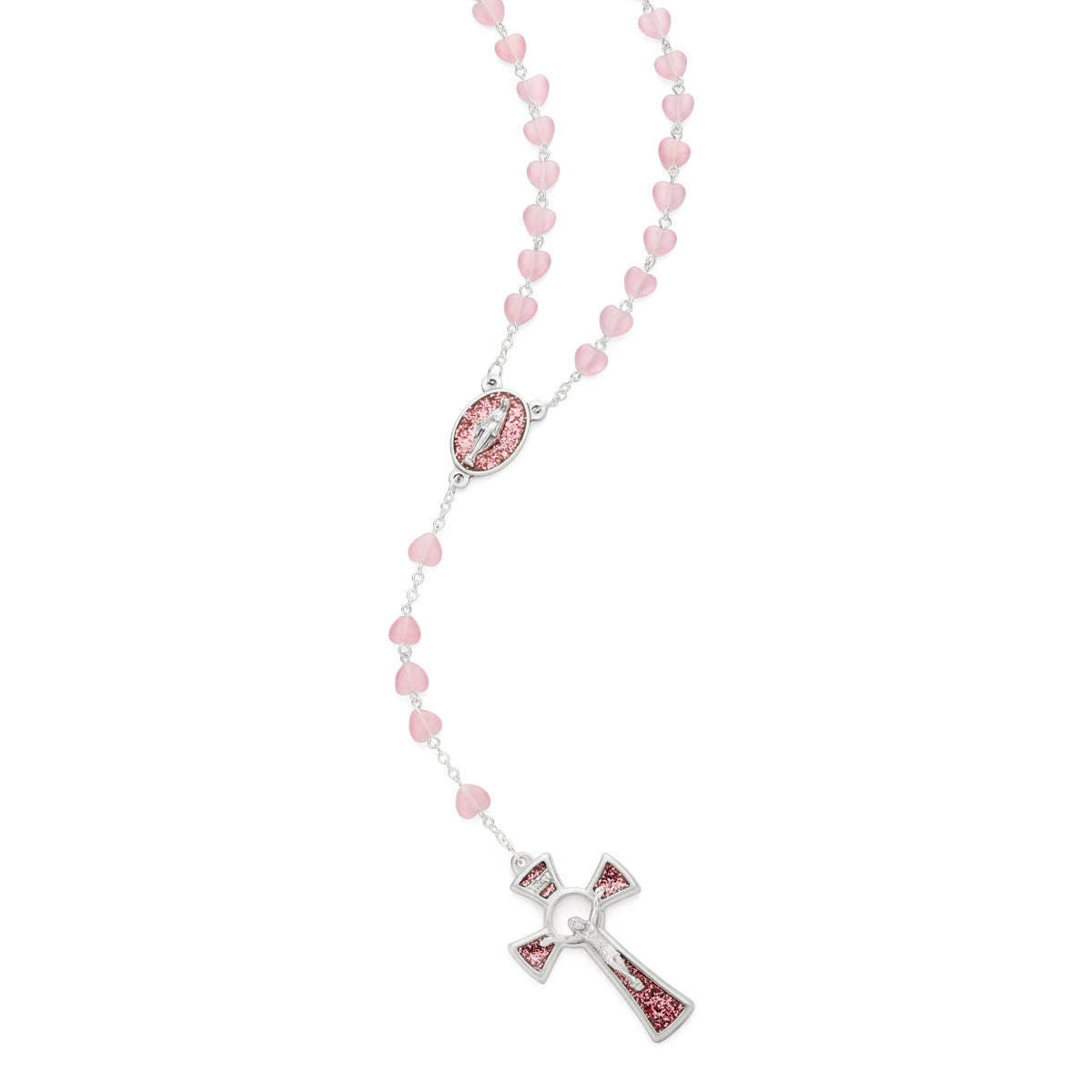 Pink Rosary with Heart-Shaped Cat Eye Beads