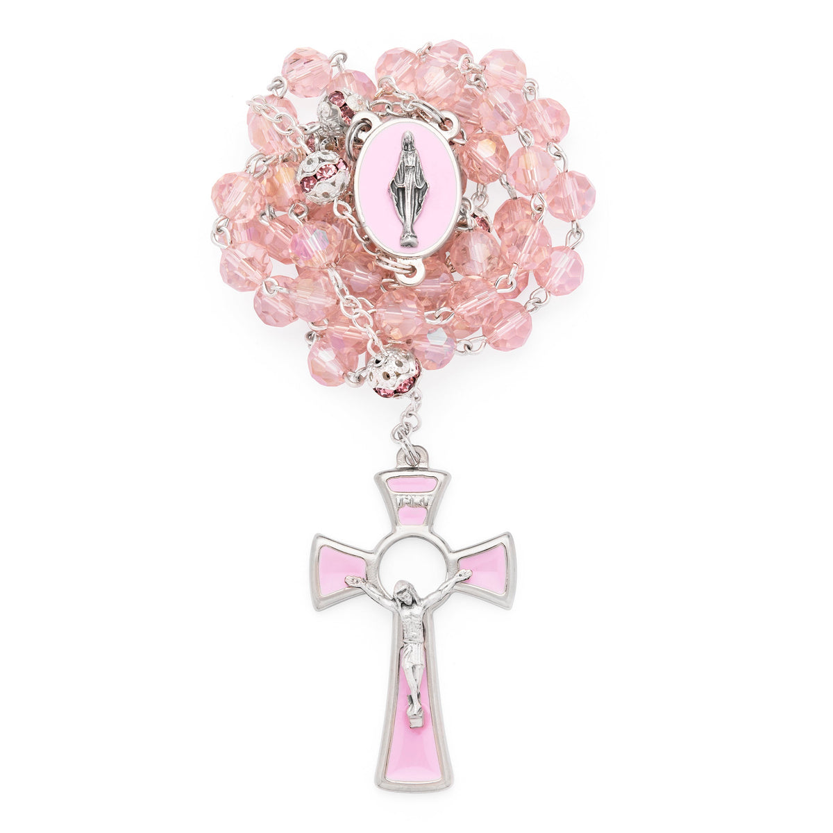 Rosary with Pink Crystal Beads and Pink Rhinestones