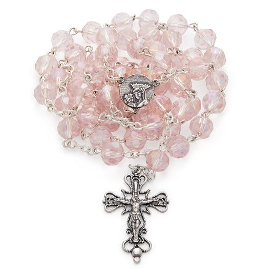 Sterling Silver Rosary with Pink Crystal Beads and Our Lady of Perpetual Help