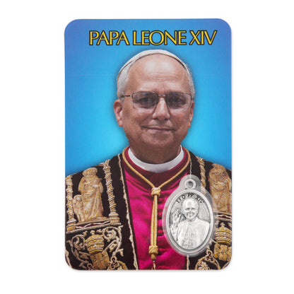 Plasticized Holy Card of Pope Leo XIV with Blue Background and and Ceremonial Vestments