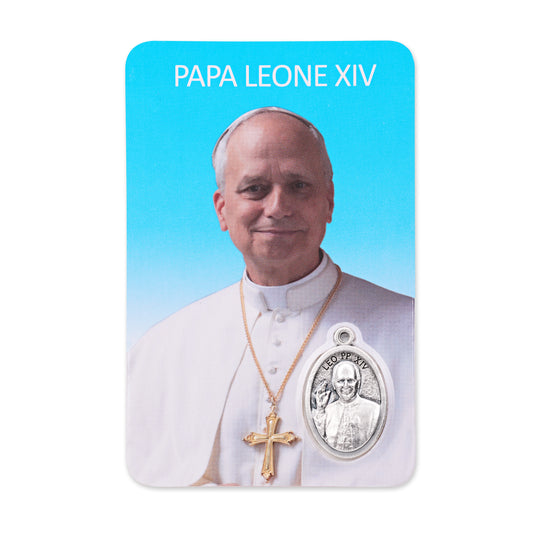 Plasticized Holy Card of Pope Leo XIV with Light Blue Background