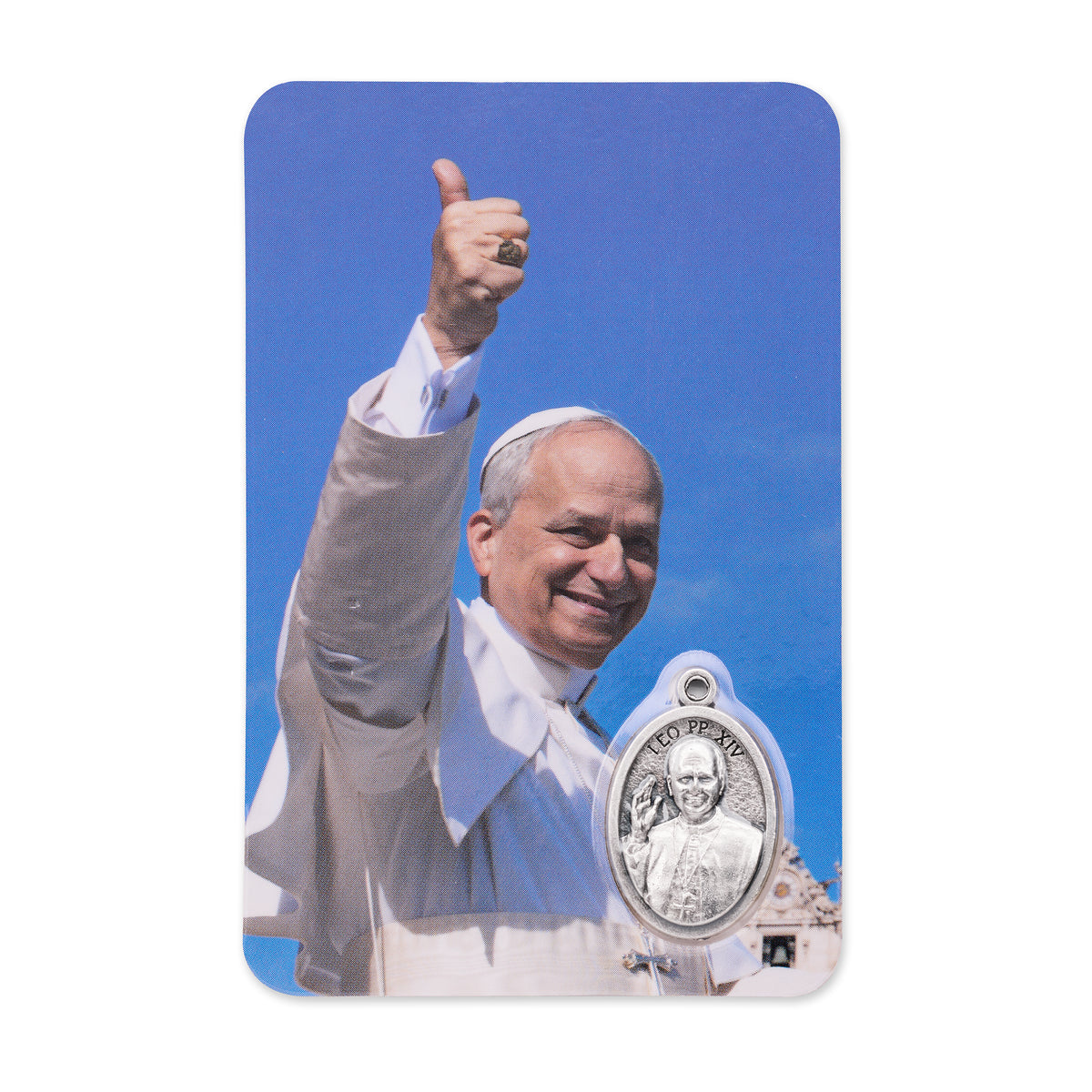 Plasticized Holy Card of Pope Leo XIV with Simple Sky Blue Background