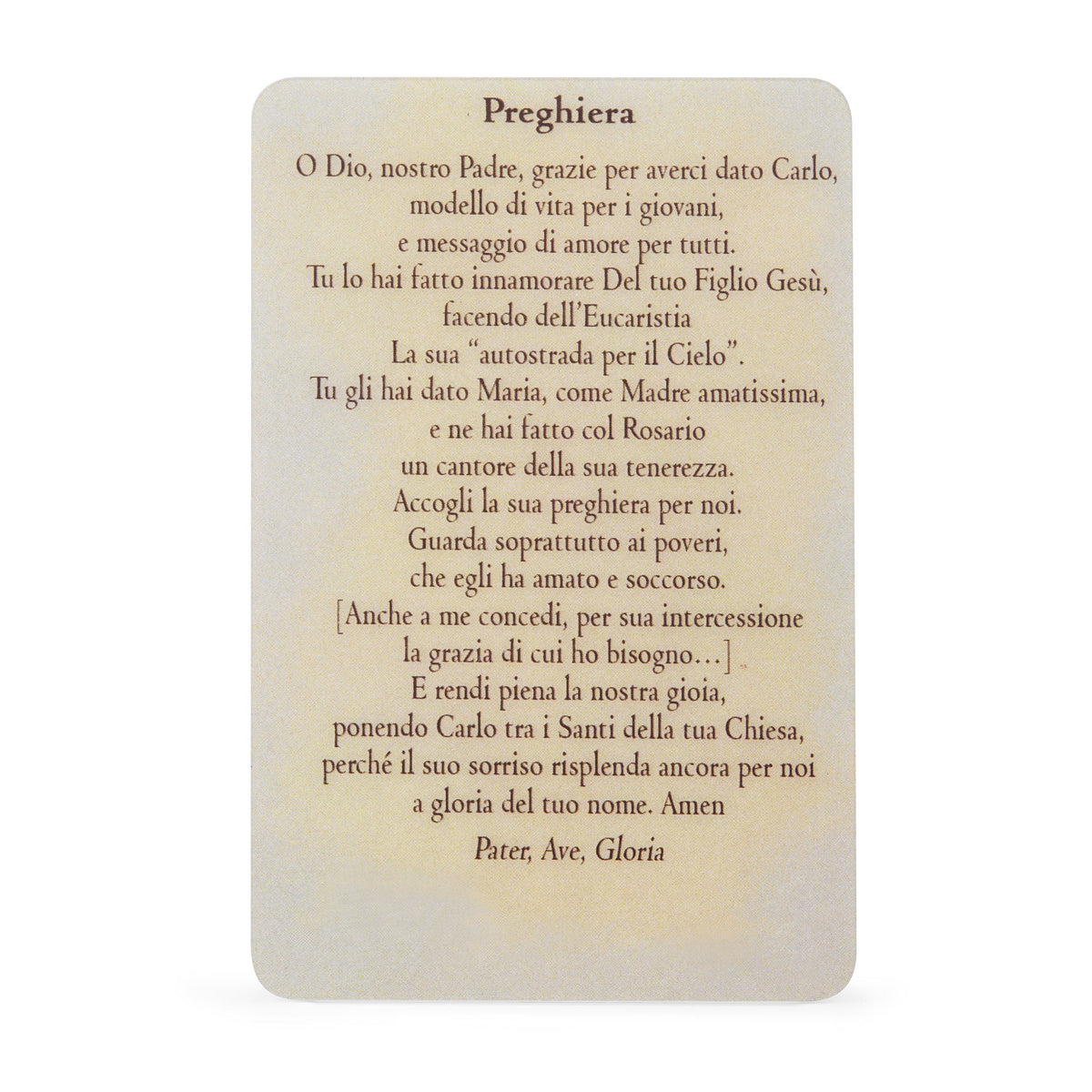 Plasticized Holy Card of Saint Carlo Acutis with Prayer