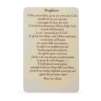 Plasticized Holy Card of Saint Carlo Acutis with Prayer