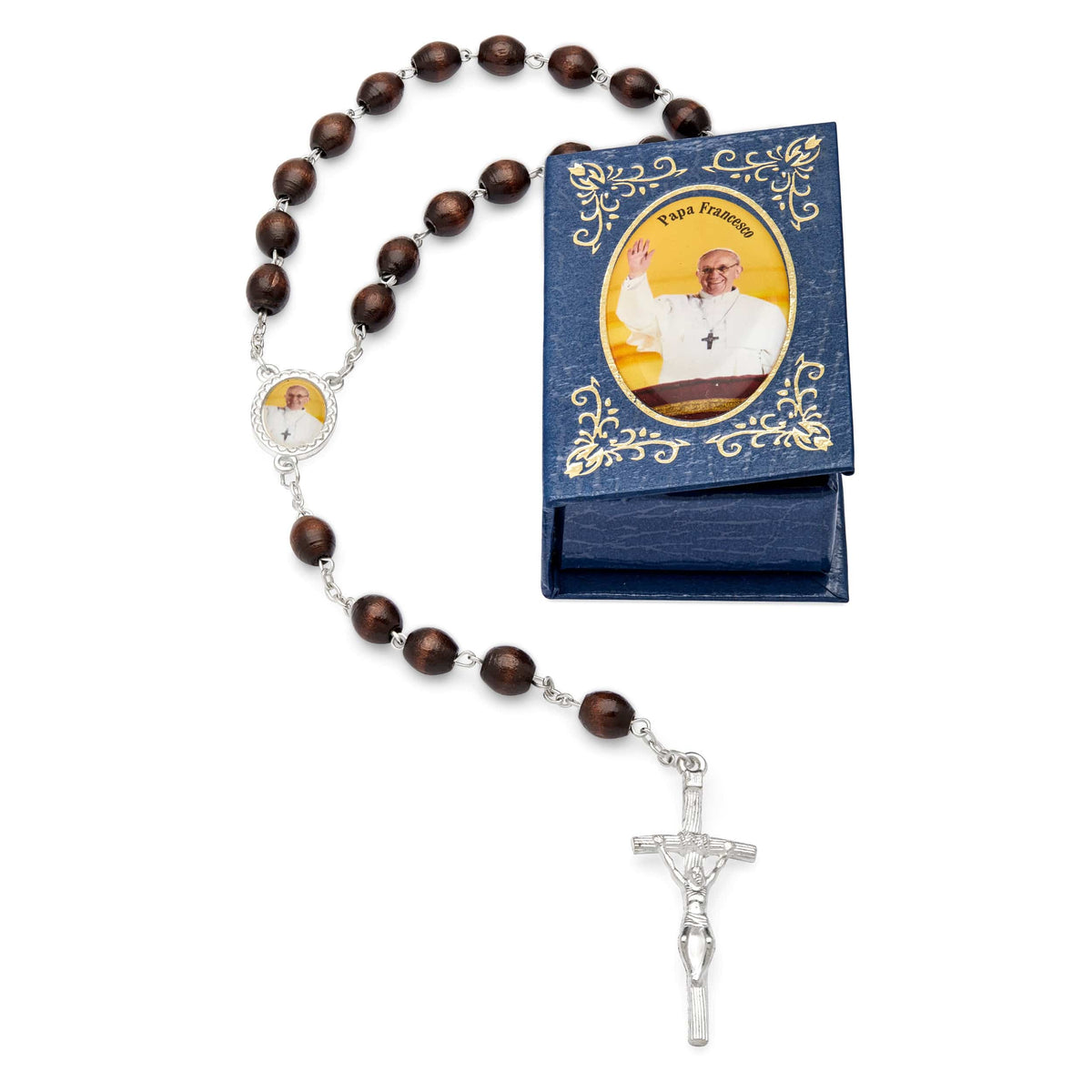 Pope Francis Blue Rosary Case with Wood Rosary