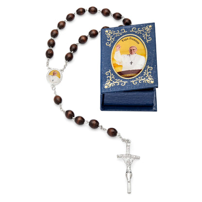 Pope Francis Blue Rosary Case with Wood Rosary
