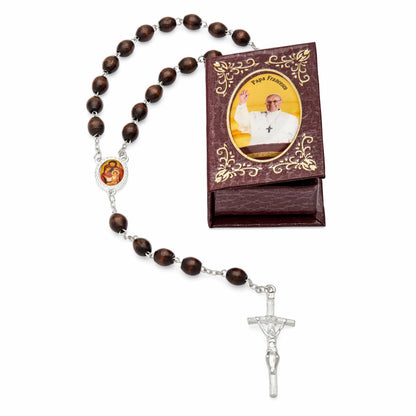 Pope Francis Brown Rosary Case with Wood Rosary