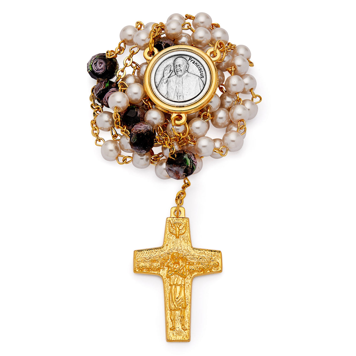 Pope Francis Rosary with Black Glass and Synthetic Pearl Beads