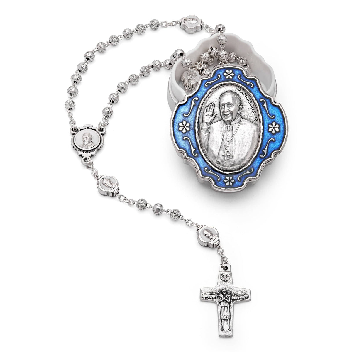 Blue Enameled Pope Francis Rosary Case With Rose-shaped Beads Rosary
