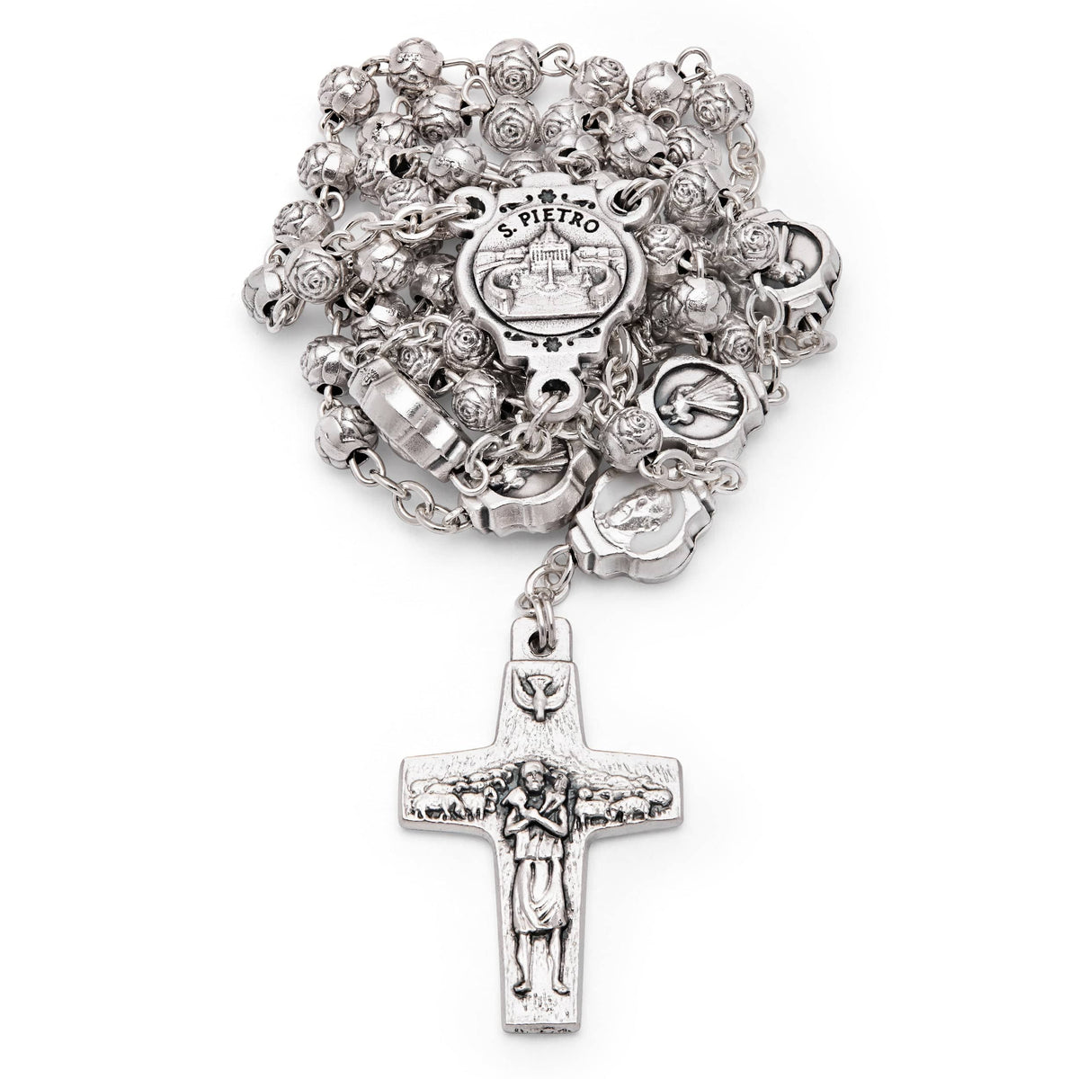 Blue Enameled Pope Francis Rosary Case With Rose-shaped Beads Rosary