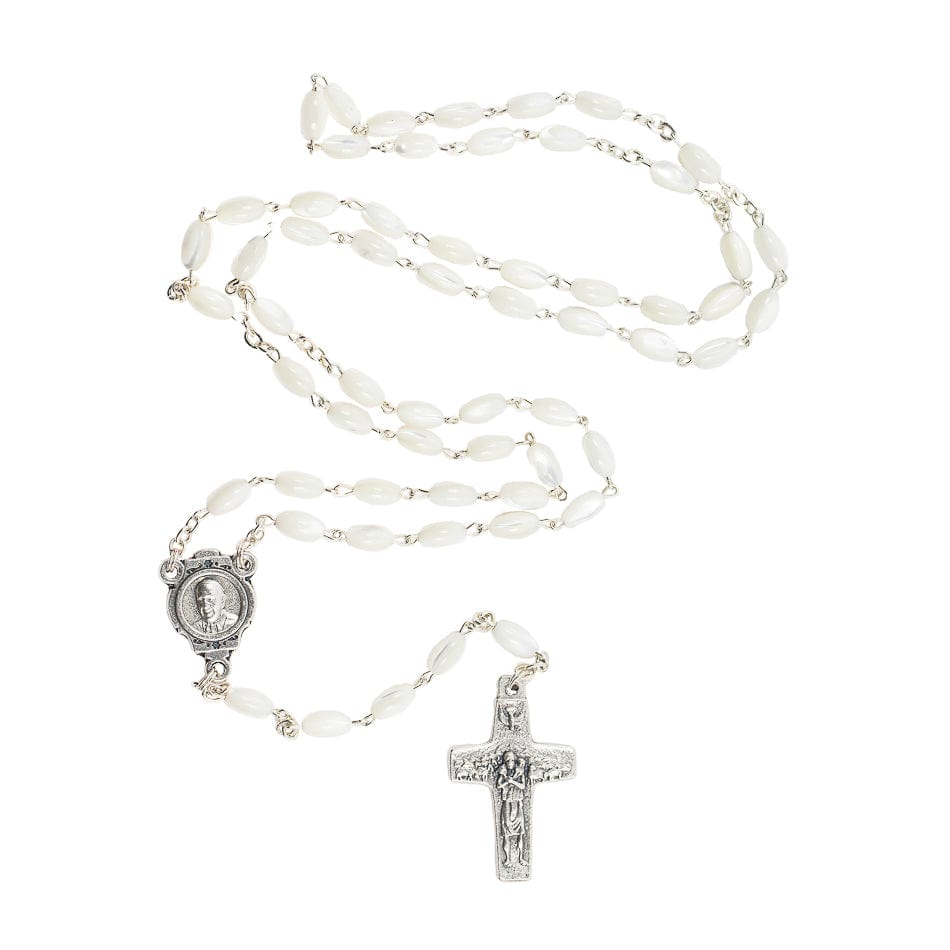 Pope Francis Mother of Pearl Rosary in Oval Beads