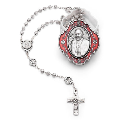 Red Enameled Pope Francis Rosary Case With Rose-shaped Beads Rosary