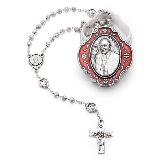 Red Enameled Pope Francis Rosary Case With Rose-shaped Beads Rosary