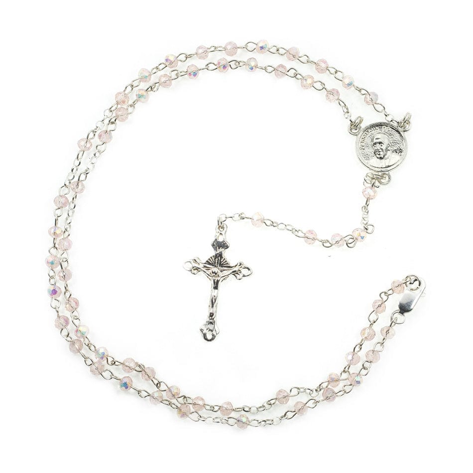Sterling Silver Pope Francis Rosary with Pink Crystal Beads