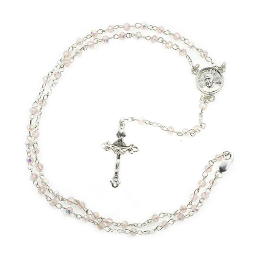 Sterling Silver Pope Francis Rosary with Pink Crystal Beads