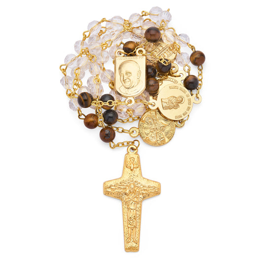 Pope Francis Rosary with Clear Crystal and Tiger's Eye Beads