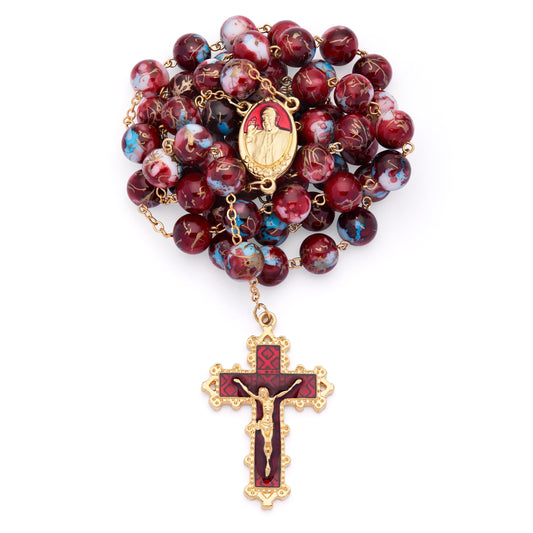 Pope Francis Rosary with Dark Red and Light Blue Variegated Beads