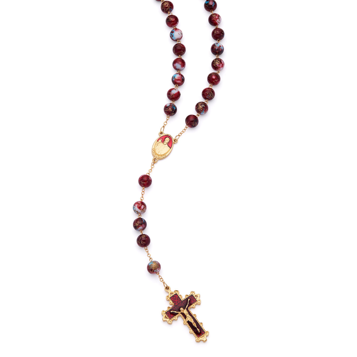 Pope Francis Rosary with Dark Red and Light Blue Variegated Beads