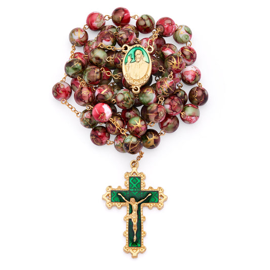 Pope Francis Rosary with Green and Dark Red Variegated Beads