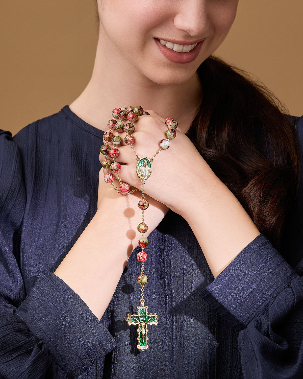 Pope Francis Rosary with Green and Dark Red Variegated Beads