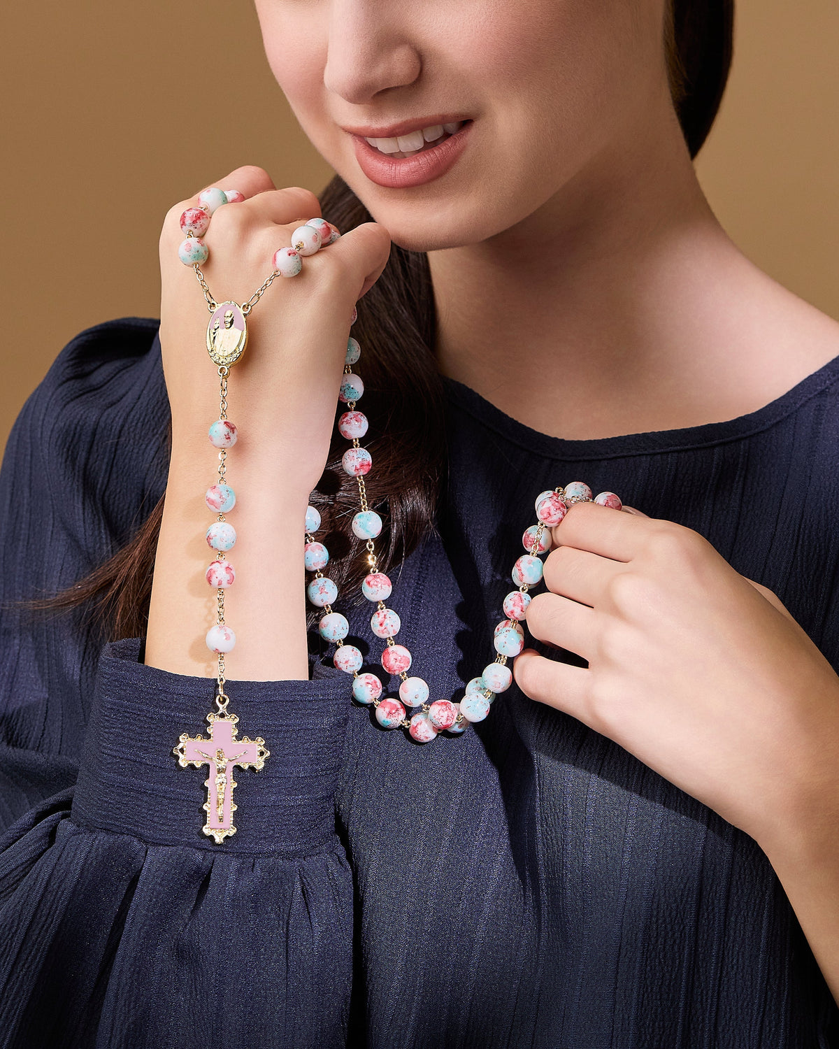 Pope Francis Rosary with Pink Variegated Beads