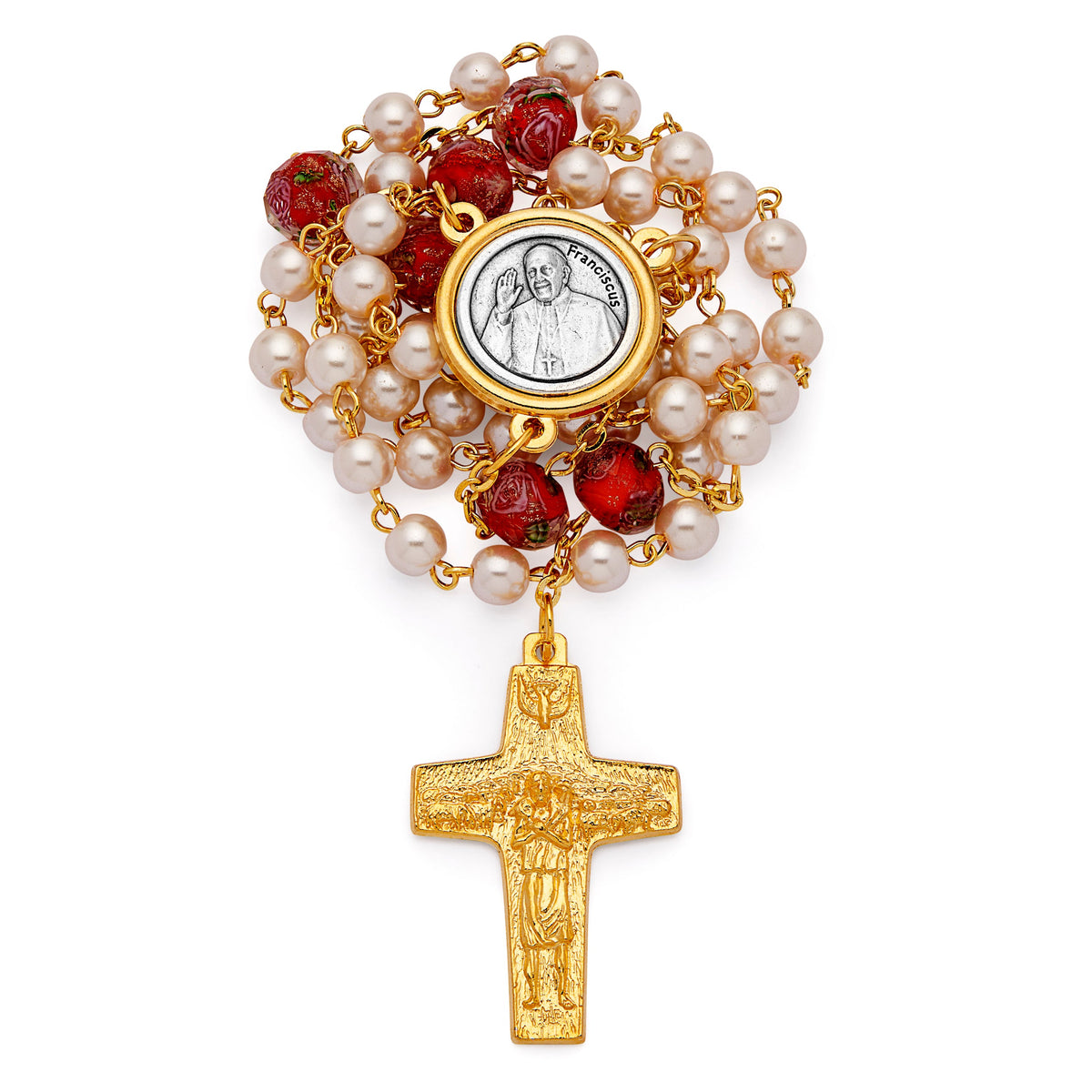 Pope Francis Rosary with Red Glass and Synthetic Pearl Beads
