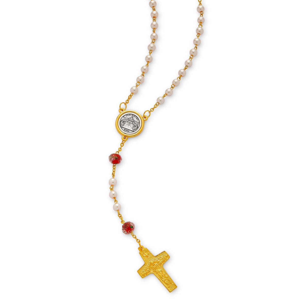 Pope Francis Rosary with Red Glass and Synthetic Pearl Beads