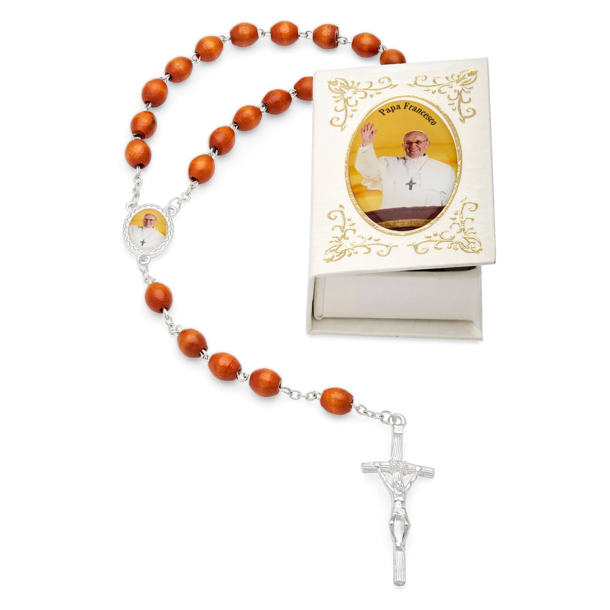 Pope Francis White Rosary Case with Wood Rosary