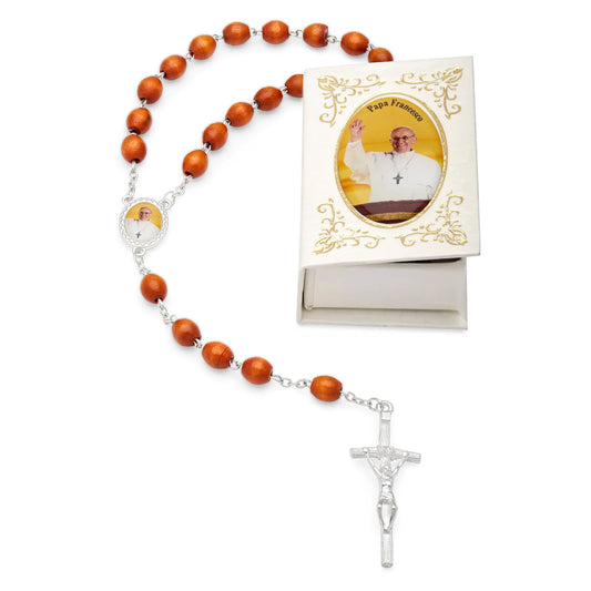 Pope Francis White Rosary Case with Wood Rosary