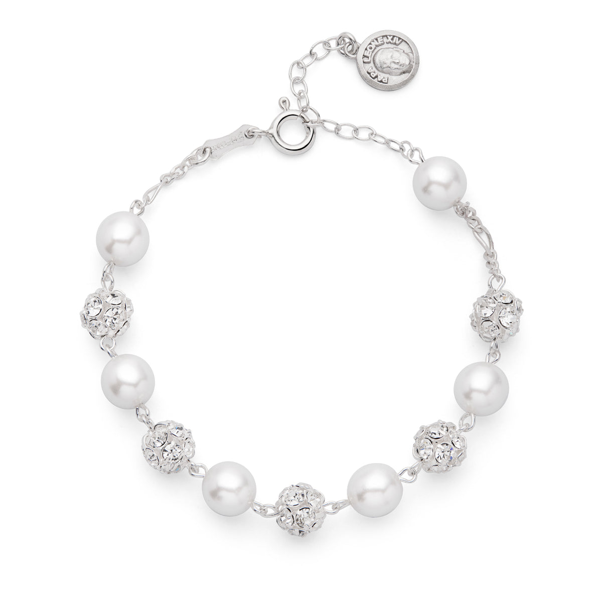 Pope Leo XIV Adjustable Sterling Silver Bracelet with White Pearl and Rhinestone Beads