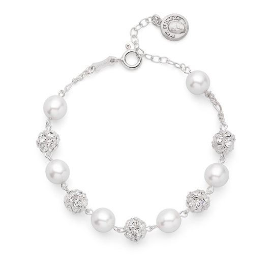 Pope Leo XIV Adjustable Sterling Silver Bracelet with White Pearl and Rhinestone Beads