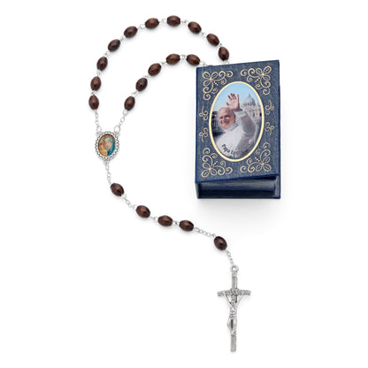 Pope Leo XIV Blue Rosary Case with Wood Rosary
