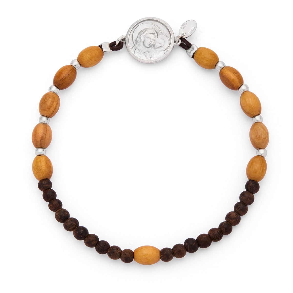 Pope Leo XIV Elastic Bracelet with Oval Wooden Beads and Sterling Silver Medal