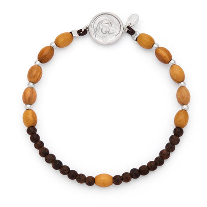 Pope Leo XIV Elastic Bracelet with Oval Wooden Beads and Sterling Silver Medal