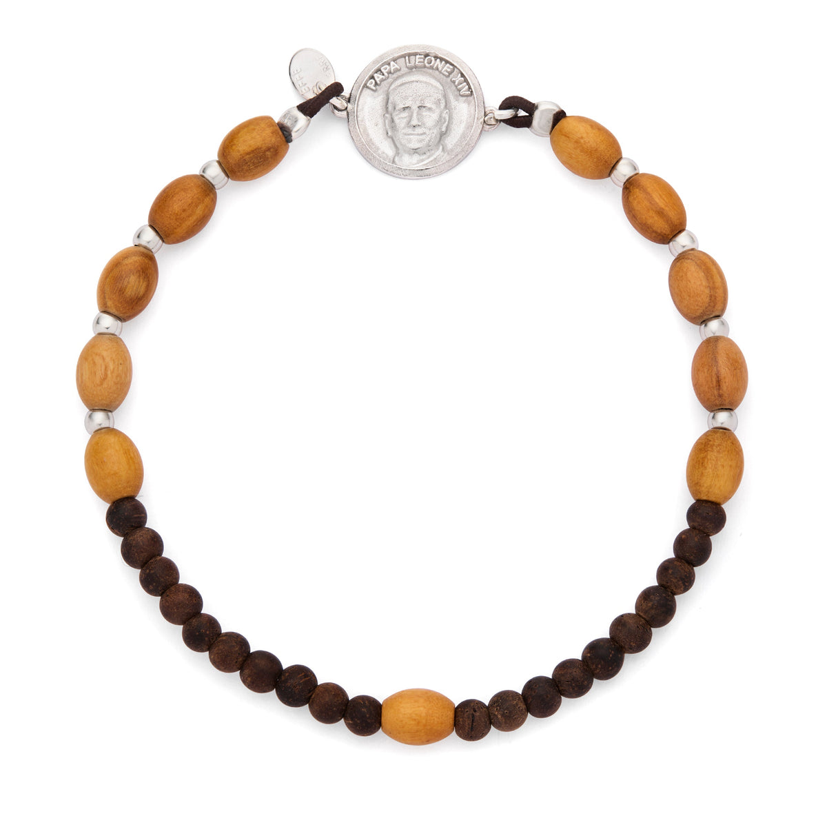 Pope Leo XIV Elastic Bracelet with Oval Wooden Beads and Sterling Silver Medal