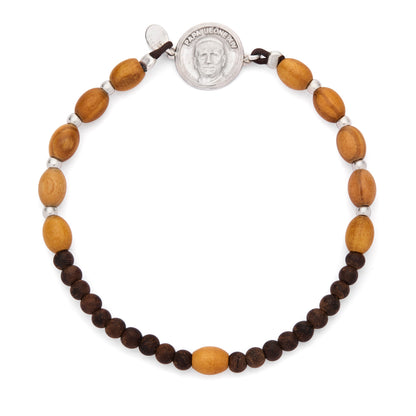 Pope Leo XIV Elastic Bracelet with Oval Wooden Beads and Sterling Silver Medal