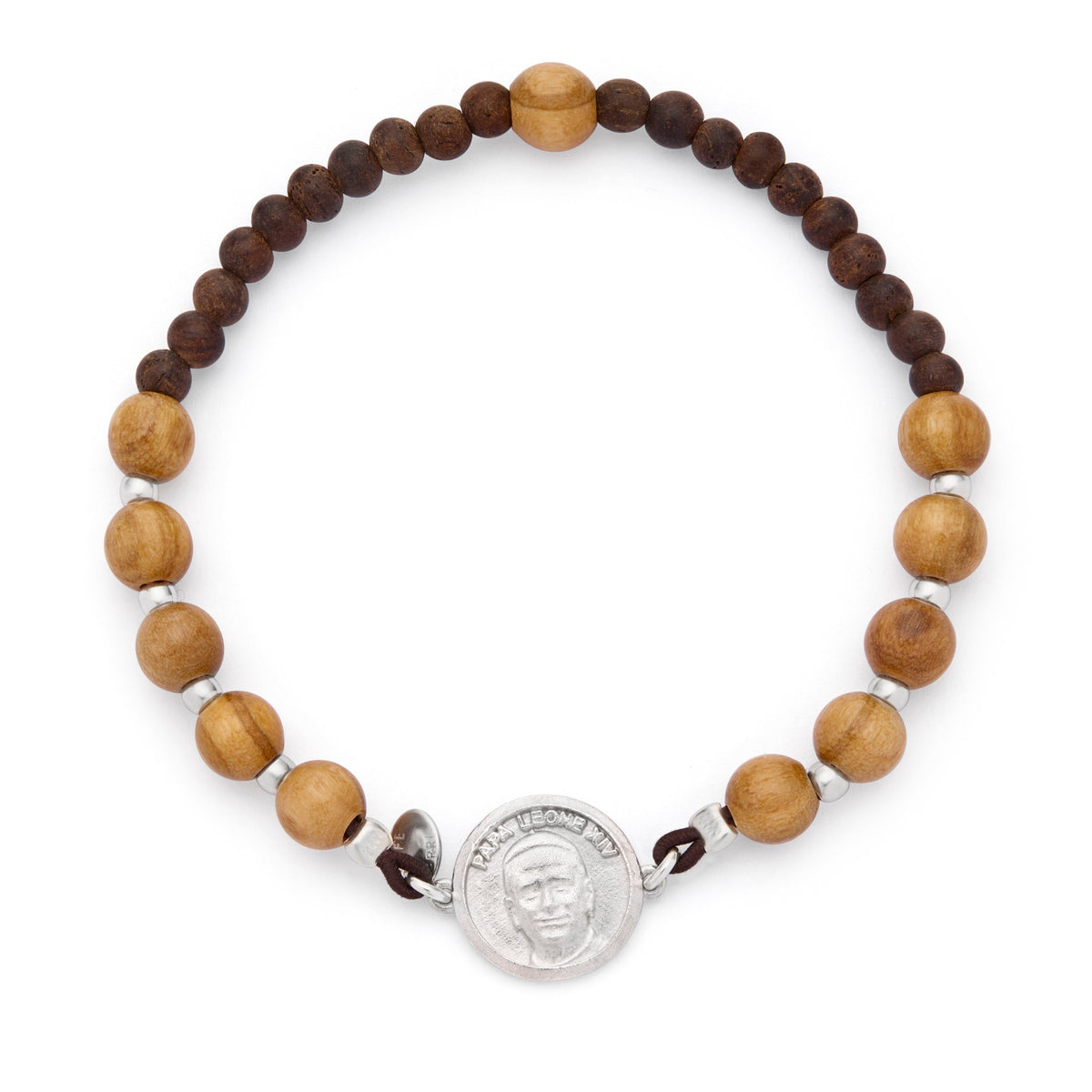 Pope Leo XIV Elastic Bracelet with Wooden Beads and Sterling Silver Medal