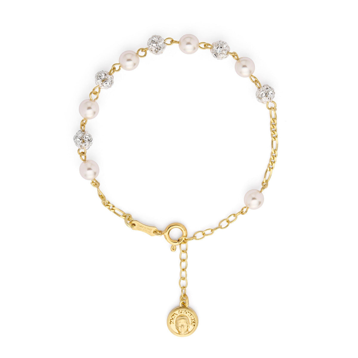 Pope Leo XIV Gold-plated Sterling Silver Bracelet with White Pearl and Rhinestones Beads