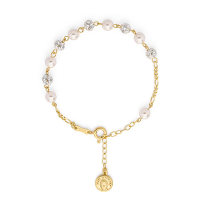 Pope Leo XIV Gold-plated Sterling Silver Bracelet with White Pearl and Rhinestones Beads